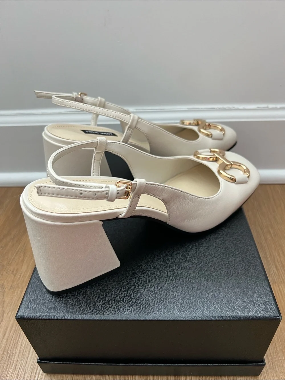 Nine West Ivory Slingback Block Heel Pumps with Gold Hardware